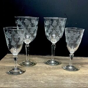 Libbey Rock Sharpe Jenny Etched Stemware Set‎ of 4 Water & Claret Glasses